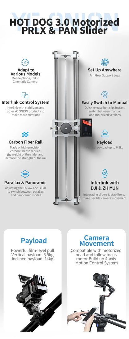 YC Onion Hot Dog 3.0 Motorized Camera Slider | App-Controlled Slider for DSLR, Mirrorless & Smartphones